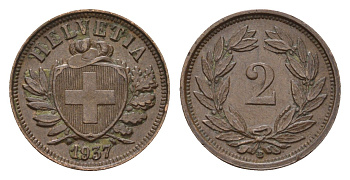 Швейцария 2 раппена 1937 B KM 4.2a бронза 1528-943