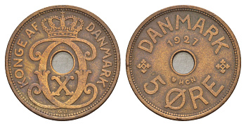 Дания 5 эре 1927 HCN, Кристиан X (1912-1947) KM 828 бронза 4638-552