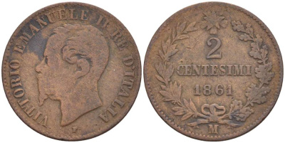 ИТАЛИЯ 2 ЧЕНТЕЗИМО 1861 М, МОНДВОР МИЛАН, ВИКТОР ЭММАНУИЛ II (1861-1878) KM 2.1 медь 4182-1212