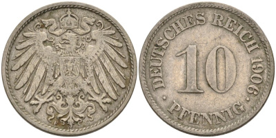 Германия 10 пфеннигов 1906 F KM 12, J. 13 медно-никель 4575-613