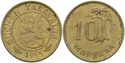 ФИНЛЯНДИЯ 10 МАРОК 1953 H KM 38 алюминиевая бронза 100-228