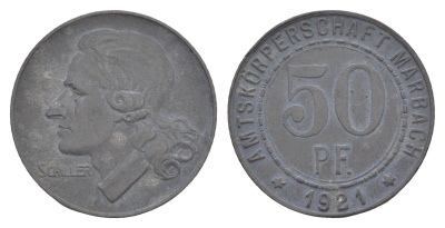 Марбах 50 пфеннигов 1921 Фридрих Шиллер Funck 316.3, Men05 16251.3, Men18 20385.3 цинк 4586-526