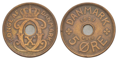 Дания 5 эре 1927 HCN, Кристиан X (1912-1947) KM 828 бронза 4638-552