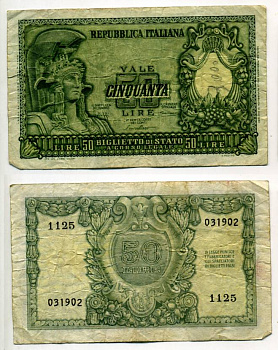 Италия 50 лир 1951 Афина Pick 91a бумага 7457-49-4-1