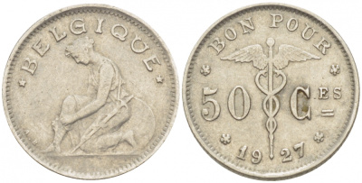 БЕЛЬГИЯ 50 САНТИМОВ 1927 BELGIQUE KM 87 никель 261-1614