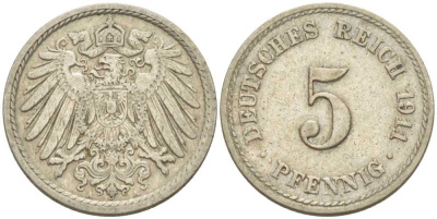 Германия 5 пфеннигов 1911 A KM 11, J. 12, Weege 6 медно-никель 206-968
