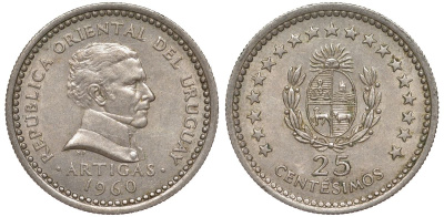 Уругвай 25 сентесимо 1960 KM 40 медно-никель 4580-1161