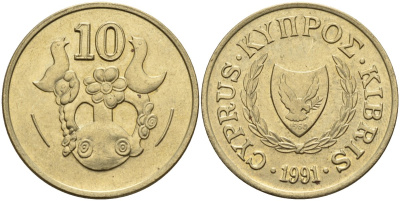 Кипр 10 центов 1991 KM 56.3 никель латунь 4141-1157