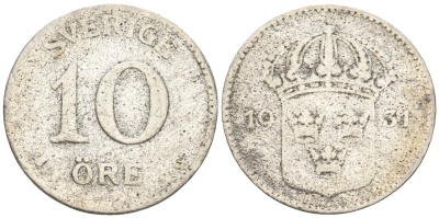 Швеция 10 эре 1931 G, Густав V (1907-1950) KM 780 серебро 4147-837