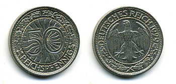 Германия 50 рейхспфеннигов 1929 А KM 49, J. 324 никель 58-542