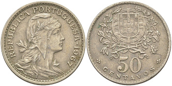 Португалия 50 сентаво 1967 голова Свободы вправо KM 577 медно-никель 219-857