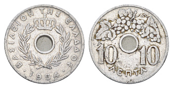 Греция 10 лепт 1954 Павел I (1947-1964), виноградная лоза KM 78 алюминий 4659-838