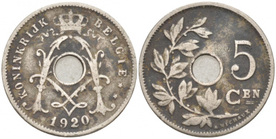 БЕЛЬГИЯ 5 САНТИМОВ 1920 BELGIE KM 67 медно-никель 4549-1137