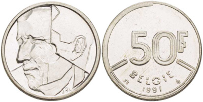 БЕЛЬГИЯ 50 ФРАНКОВ 1991 BELGIE, БОДУЭН I (1951-1993) KM 169 никель 4385-1031