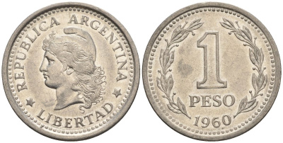 Аргентина 1 песо 1960 голова свободы влево KM 57, Schon 57 сталь плакированная никелем    60-1016