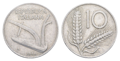Италия 10 лир 1966 R, плуг, колосья KM 93 алюминий 4551-757