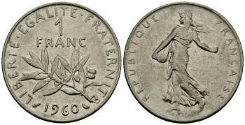 Франция 1 франк 1960 сеятель KM 925.1, Le Franc 226.4 никель 4138-247