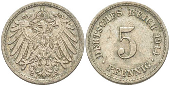 ГЕРМАНИЯ 5 ПФЕННИГОВ 1914 А KM 11, J. 12 медно-никель 206-1235