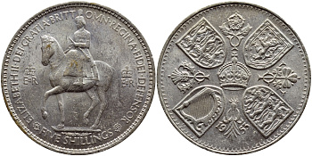 Великобритания 1 крона (5 шиллингов) 1953 коронация королевы Елизаветы, Елизавета II (1952-2022) Елизаветы KM 894, Spink 4136 медно-никель 36-635