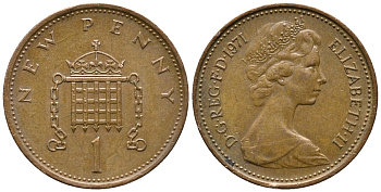 Великобритания 1 пенни 1971 Елизавета II (1952-2022) KM 915, Spink 4237 (B1) бронза 34-936