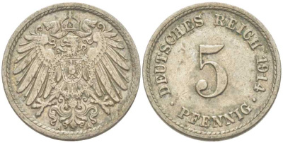 ГЕРМАНИЯ 5 ПФЕННИГОВ 1914 А KM 11, J. 12 медно-никель 206-1235