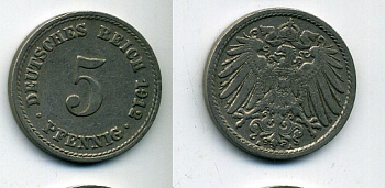 ГЕРМАНИЯ 5 ПФЕННИГОВ 1912 A, KM 11, J. 12 медно-никель 53-432
