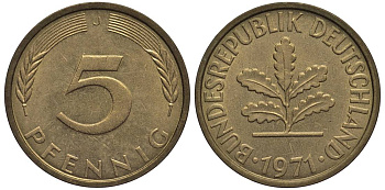 ФРГ 5 ПФЕННИГОВ 1971 J KM 107, Jager 382 сталь плакированная латунью 4547-745