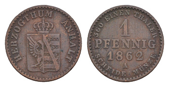 Ангальт-Бернбург 1 пфенниг 1862 A, Александр Карл (1834-1863) KM 96, AKS 28, J. 67 медь 4625-119