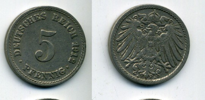 ГЕРМАНИЯ 5 ПФЕННИГОВ 1912 A, KM 11, J. 12 медно-никель 53-432