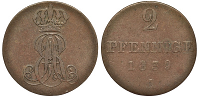 Ганновер 2 пфеннига 1839 A, Эрнст Август (1837-1851) KM 174.1, AKS 122, J. 55 медь 4681-1257