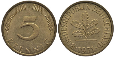 ФРГ 5 ПФЕННИГОВ 1971 J KM 107, Jager 382 сталь плакированная латунью 4547-745
