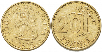 ФИНЛЯНДИЯ 20 ПЕННИ 1976 K KM 47 алюминиевая бронза 3718-631