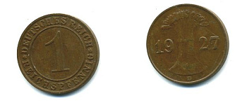 ГЕРМАНИЯ 1 РЕЙХСПФЕННИГ 1927 D KM 37, J. 313 бронза 46-836