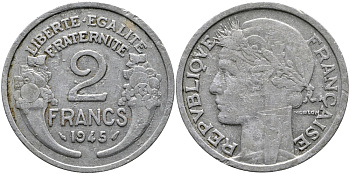 ФРАНЦИЯ 2 ФРАНКА 1945 KM 886а.1 алюминий 23-132