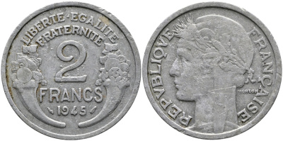 ФРАНЦИЯ 2 ФРАНКА 1945 KM 886а.1 алюминий 23-132