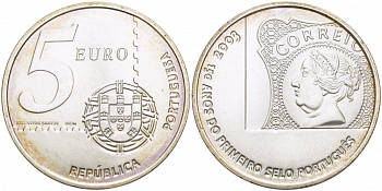 Португалия 5 евро 2003 150 летие первой Португальской марке KM 749 серебро UNC 06-255-34