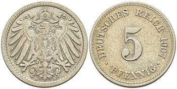 ГЕРМАНИЯ 5 ПФЕННИГОВ 1907 A KM 11, J. 12, Weege 6 медно-никель 206-948