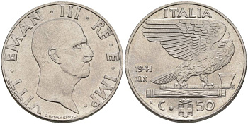 ИТАЛИЯ 50 ЧЕНТЕЗИМО 1941 R, ГОД XIX, ВИКТОР ЭММАНУИЛ III (1900-1946) KM 76b, VEM3. 1063 нержавеющая сталь 3853-336