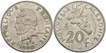 Французская Новая Каледония 20 франков 1990 три быка, (IEOM) KM 12, Schoen 14, Lec 113 никель 75-322