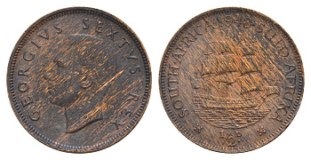 ЮАР 1/2 пенни 1948 Георг VI (1936-1952), редкий год KM 33.1 бронза 603-1131