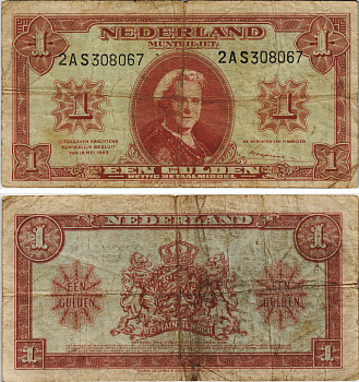 НИДЕРЛАНДЫ 1 ГУЛЬДЕН 1945 ВИЛЬГЕЛЬМИНА Pick 70 бумага 8604-12-2-2