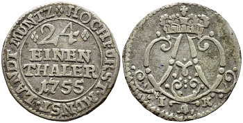 Мюнстер 1/24 талера 1755 Клемент Август Баварский (1719-1761) KM 190 серебро 54-1153