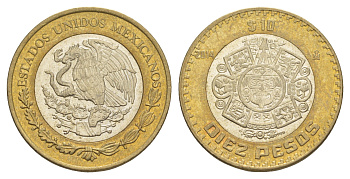 Мексика 10 песо 2014 Мо, бог Тонатиуха с огненной маской KM 616 биметалл aUNC 4637-733