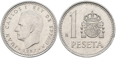 Испания 1 песета 1987 M, Хуан Карлос I (1975-2014) KM 821 алюминий 4402-615