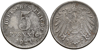 Германия 5 пфеннигов 1921 J KM 19, J. 297, Weege 5 железо 4151-643
