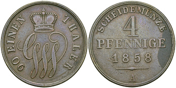 Шаумбург-Липпе 4 пфеннига 1858 А, Георг Вильгельм (1787-1860) KM 40 медь 65-632
