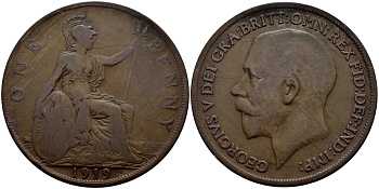 Великобритания 1 пенни 1919 Георг V (1910-1936) KM 810, Spink 4051 бронза 74-1222