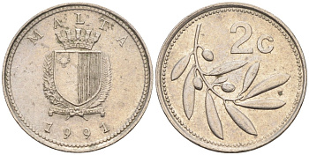 Мальта 2 цента 1991 оливковая ветвь KM 94 медно-никель 44-1054