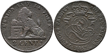 БЕЛЬГИЯ 2 САНТИМА 1857 BELGES KM 4.2 медь 95-711