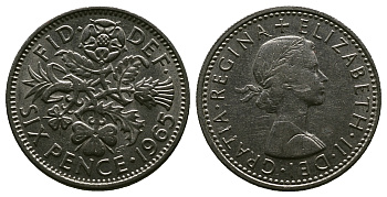 Великобритания 6 пенсов 1965 Елизавета II (1952-2022) KM 903, Spink 4149 медно-никель 4381-839